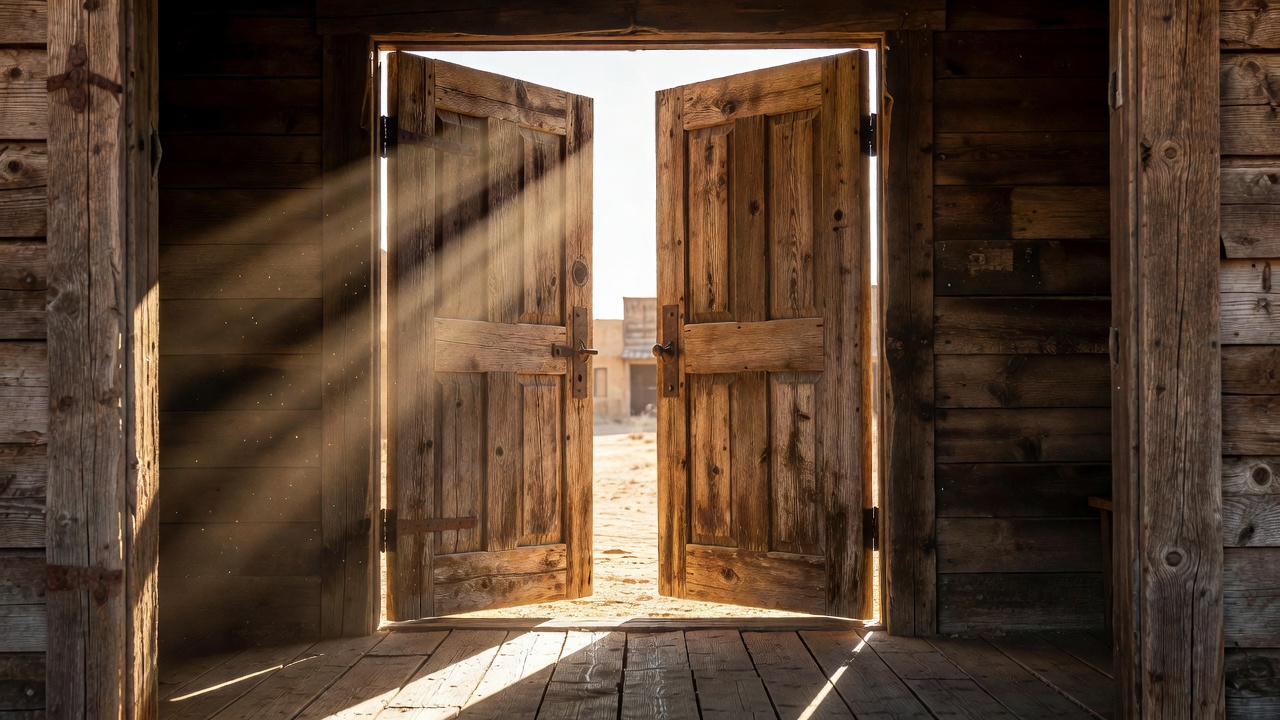 Beautiful old wooden sheriff doors illuminated by sun rays