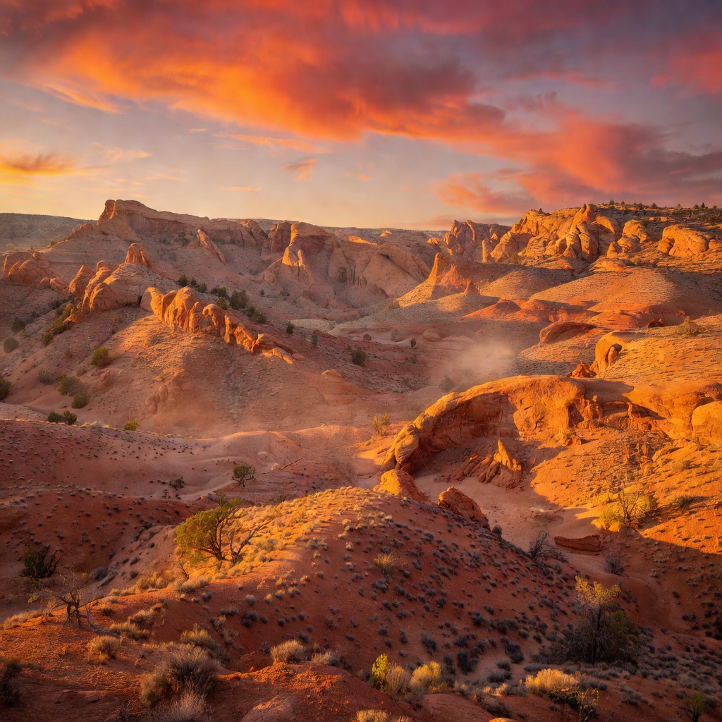 Beautiful orange canyon hills and sunset sky landscape resembling Wild West gold country