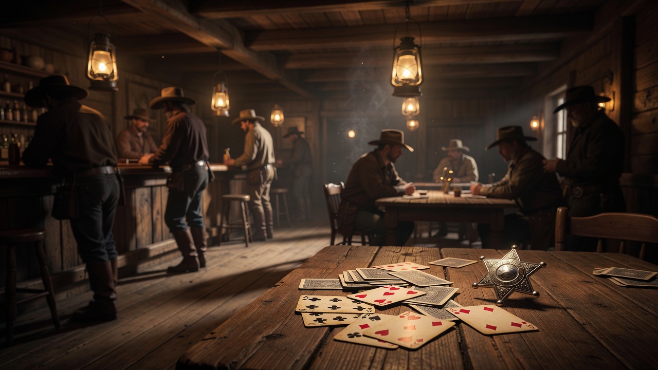 Outlaw saloon with warm golden lights, playing cards, and cowboy sheriff badge