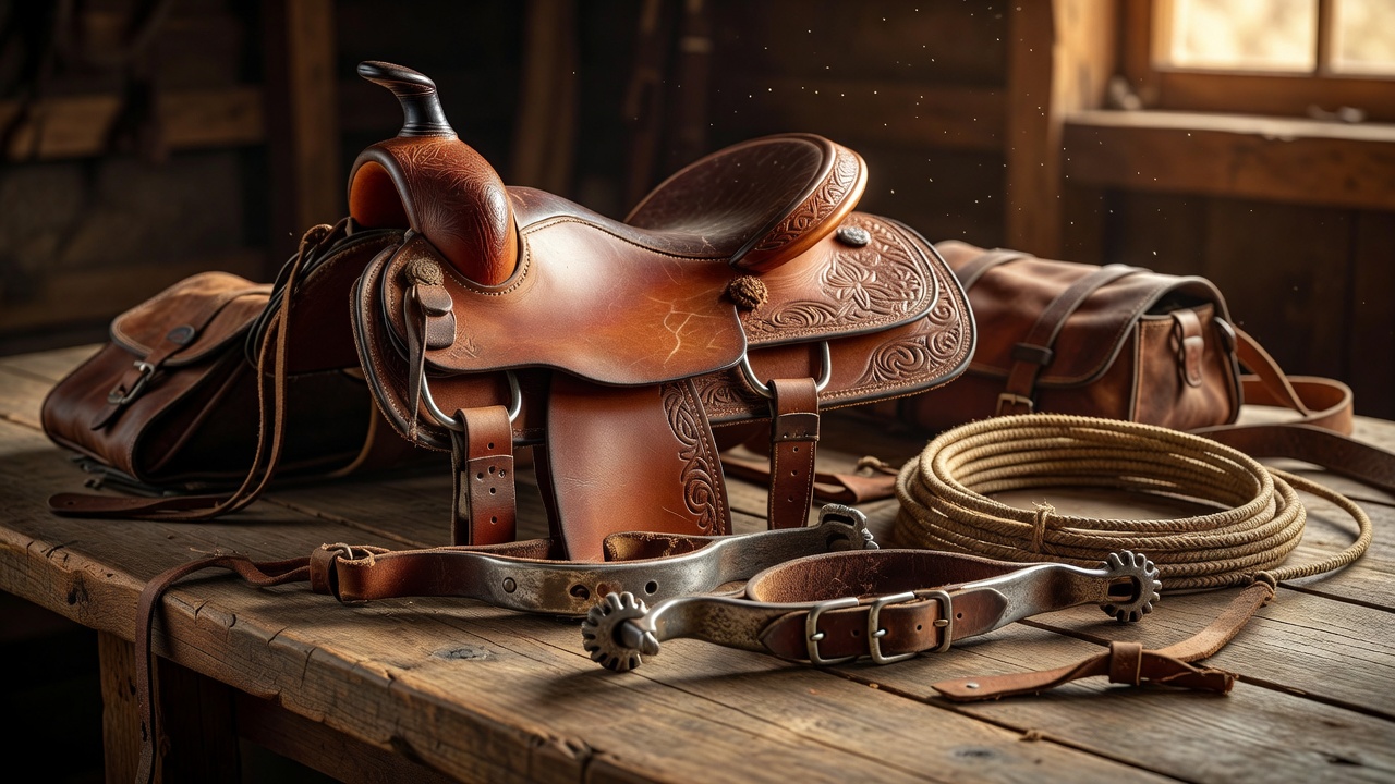 Saddle and cowboy spur equipment sitting on wooden background with warm lighting
